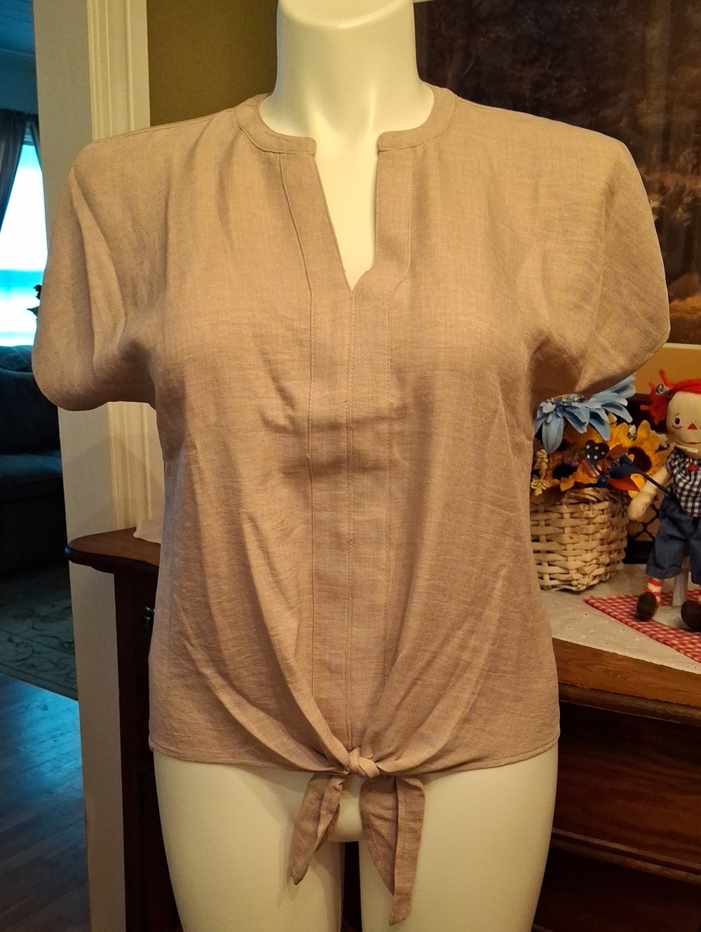 Chenault Beige Short Sleeve Tie-Front Blouse